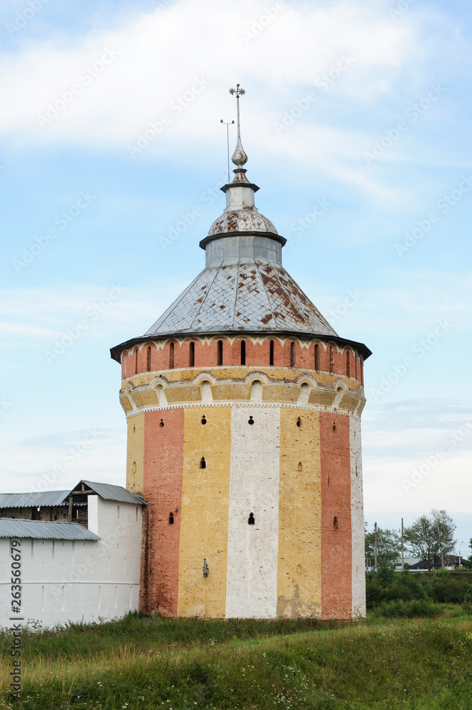 Multicolor tower of ancient Russian monastery