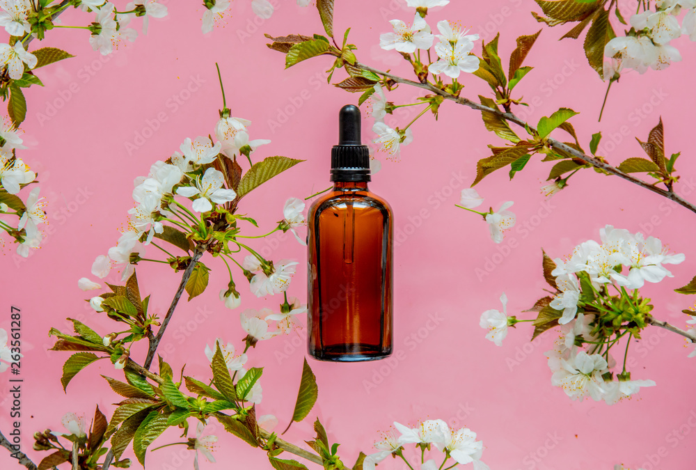 perfume bottle and cherry branch flowers perfume bottle and cherry branch flowers