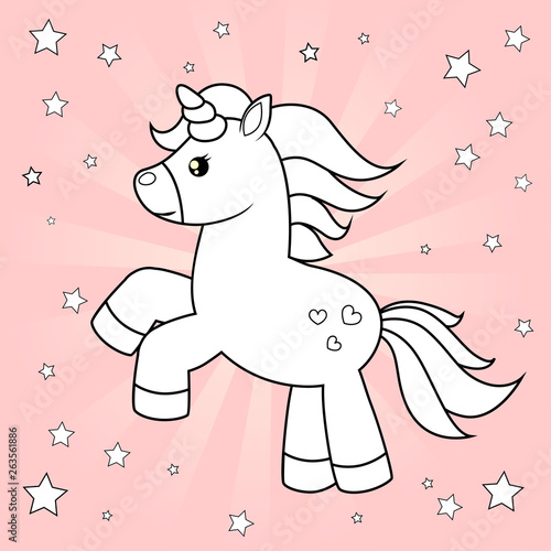 Cute cartoon unicorn. Black and white vector illustration for coloring book on pink background