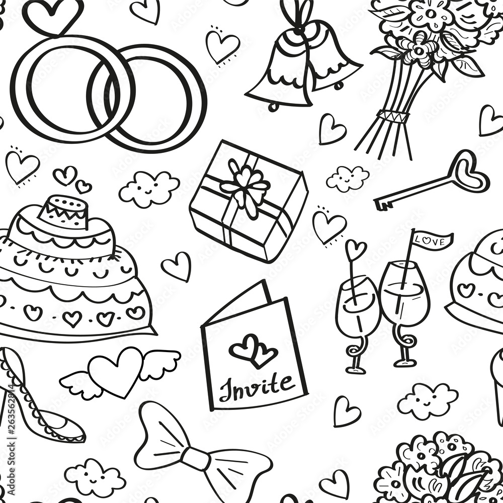 Set of Coloring Page Pattern. Adult Coloring Book Set and Antistress freehand sketch with cake, gift box, glass, bouquet, bunch of flowers, heart. Vector illustration.