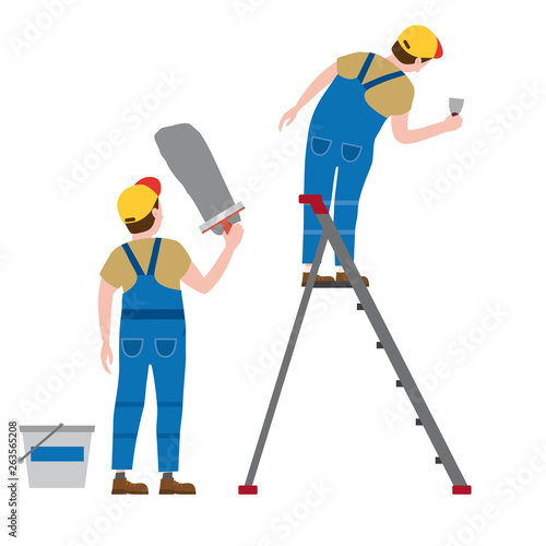 Workers put plaster on a stepladder