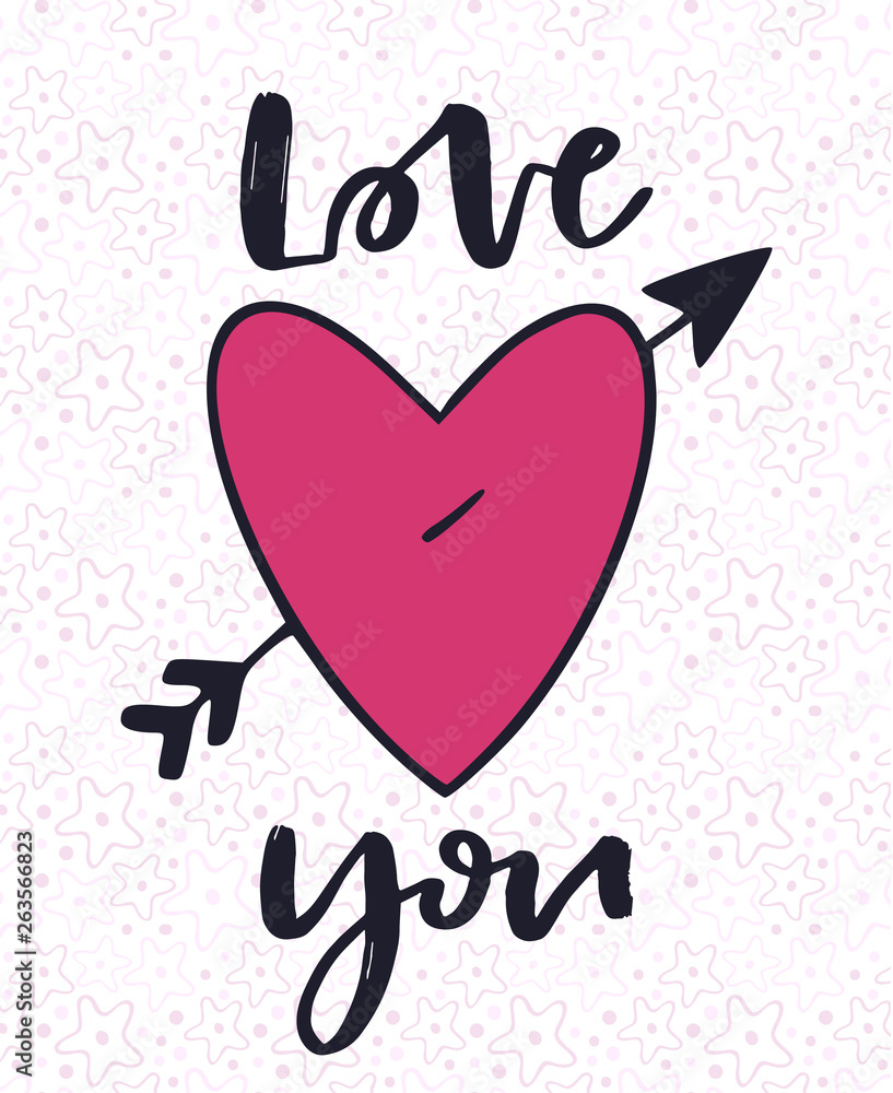 Love you print. Handwritten greeting card design. Poster for lovely valentine decoration. Calligraphic art print.