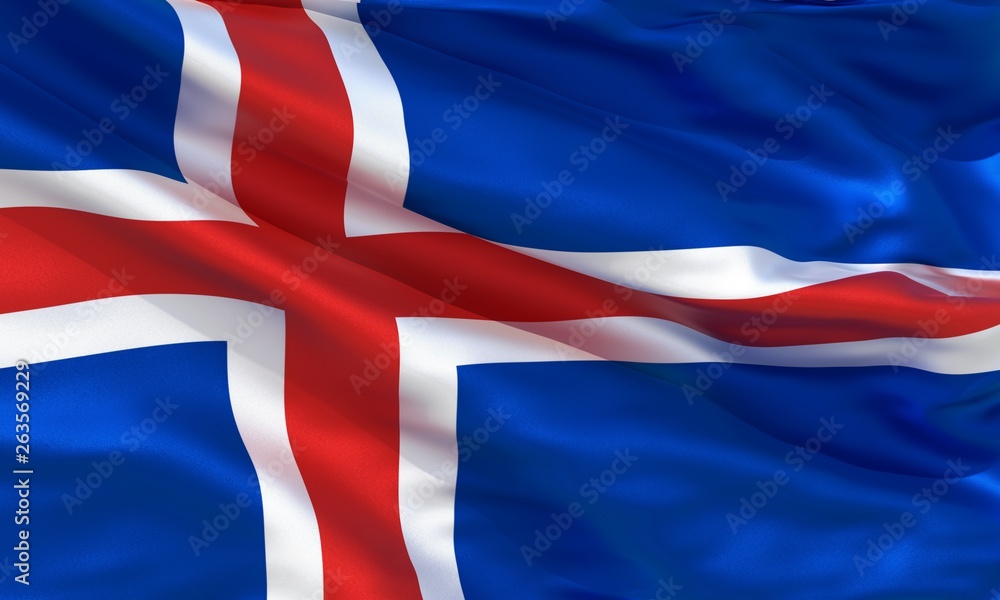 Fototapeta premium Realistic silk material Iceland waving flag, high quality detailed fabric texture. 3d illustration