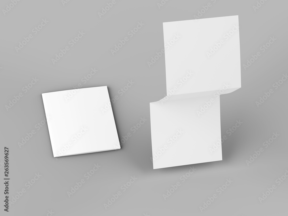 Open tri-folded laflet in square format. Open tri-folded laflet in square format.