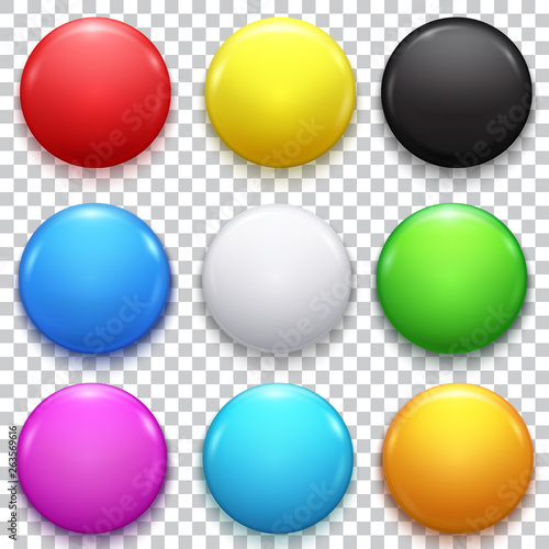 Realistic 3d Empty Color Blank Circle Button Badge Pin Set Front Side Element Presentation and Advertising Retail.
