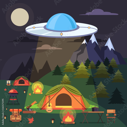 Aliens abduct people. Vector flat graphic design illustration