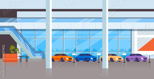 Car store shop showcase room interior inside. City transportation concept. Vector flat graphic design illustration