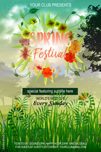 Spring festival flyer template is designed to announce a wide range of springtime events: an alternative music festival, a refreshing party in the fields, a famous club party.