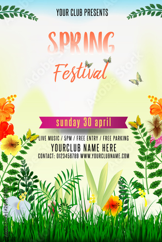 Spring festival poster or flyer design with green grass and sample text on wooden background. It is perfect for any kind of your parties. With this poster design you will grab everyone’s attention.
