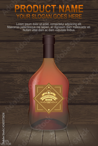 Realistic whiskey or cognac or rum bottle, very layered on realistic wooden background. Modern EPS 10 flyer that will give the perfect promotion for your upcoming promotion. 