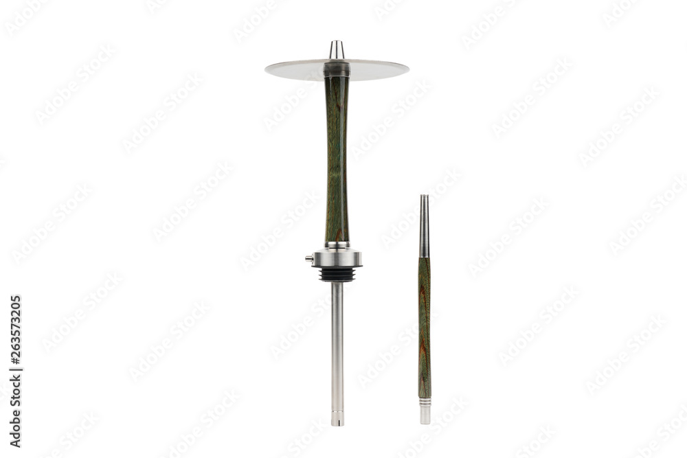 Delicious green wooden hookah and mouthpiece isolated on a white background. Metal details hookah. Delicious green wooden hookah and mouthpiece isolated on a white background. Metal details hookah.
