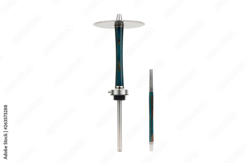 Blue wooden hookah and mouthpiece isolated on a white background. Metal parts hookah.