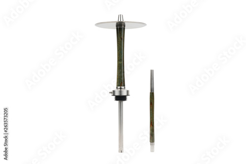 Delicious green wooden hookah and mouthpiece isolated on a white background. Metal details hookah.