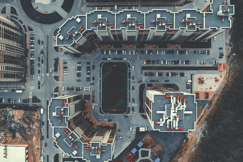 Aerial top down view of modern high-rise residential buildings from above