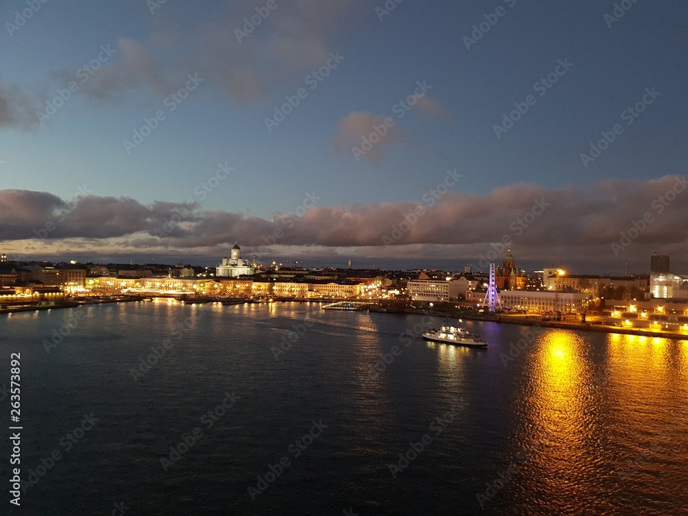 Sunset cityscape of Helsinki port, Finland