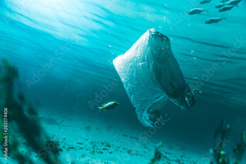 plastic bag sinking in the ocean.
