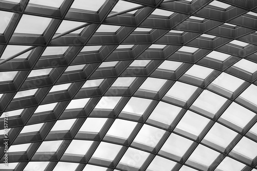 Black and white photograph of an elegantly curved glass and metal ceiling.