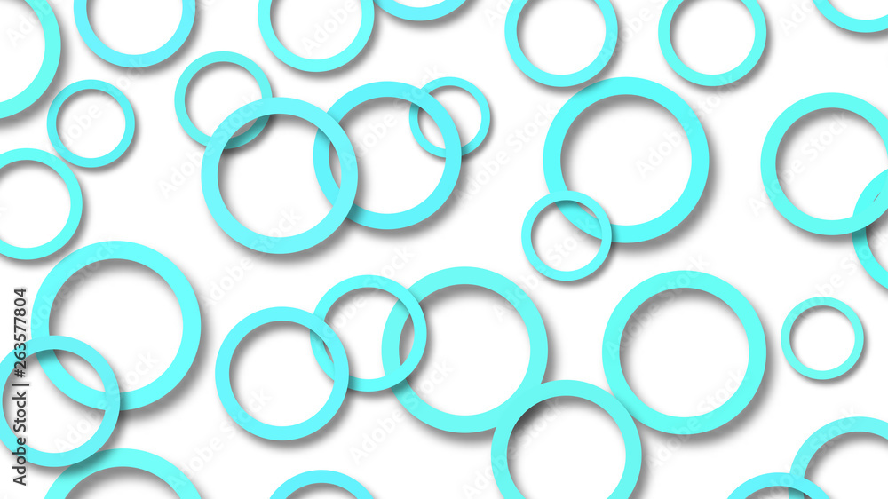 Abstract illustration of randomly arranged light blue rings with soft shadows on white background