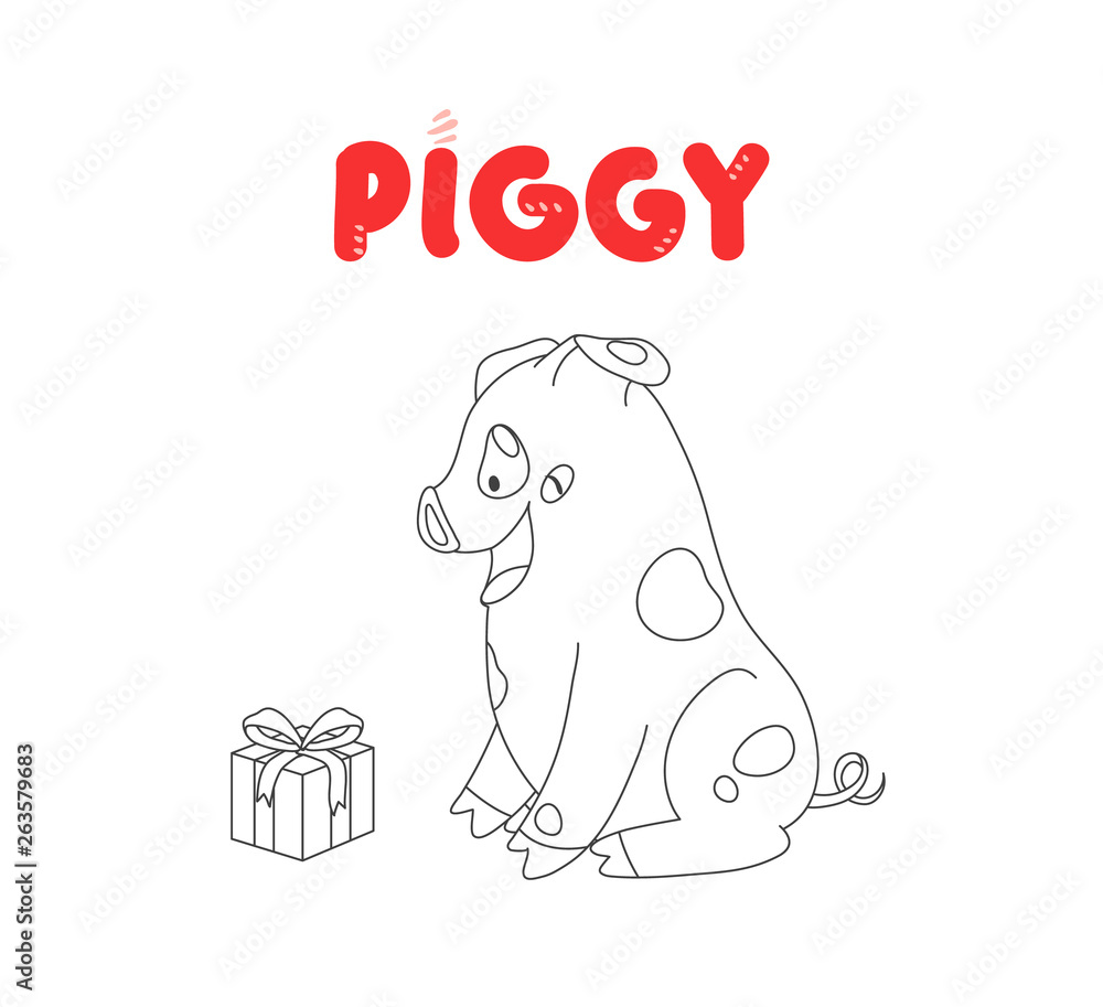 Obraz premium Coloring cute character piggy. Funny pig isolated on white background.