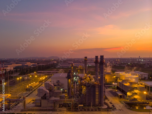 Aerial view Power plants, petrochemical plants At sunrise.