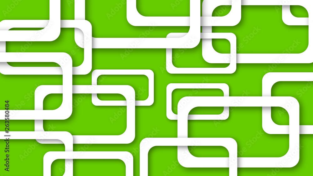 Abstract illustration of randomly arranged white rectangle frames with soft shadows on green background Abstract illustration of randomly arranged white rectangle frames with soft shadows on green background