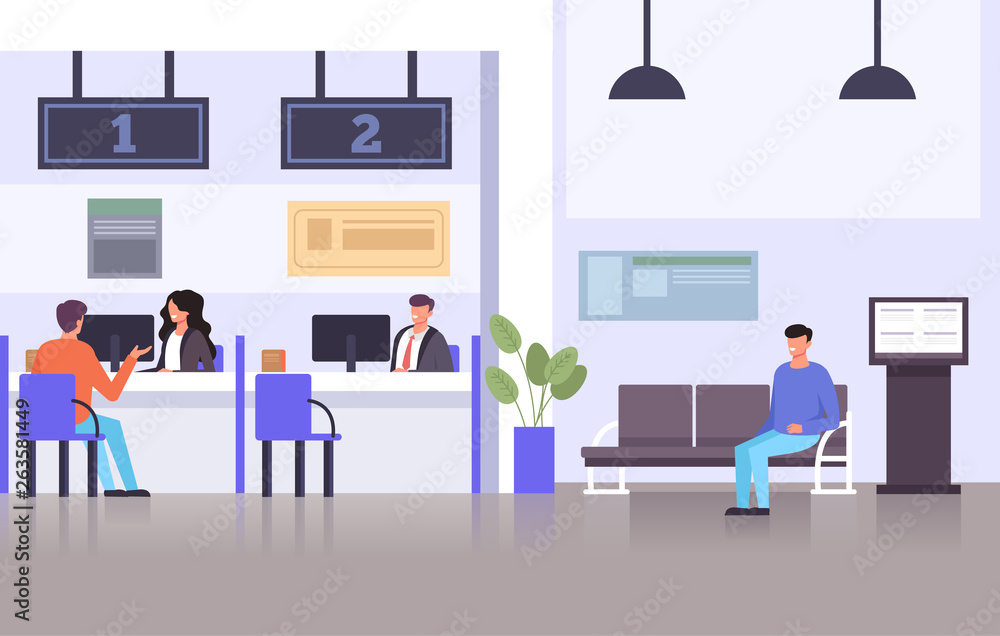 Bank specialist workers consultants characters talking with consumers people. Financial banking credit concept. Vector flat graphic design illustration Bank specialist workers consultants characters talking with consumers people. Financial banking credit concept. Vector flat graphic design illustration