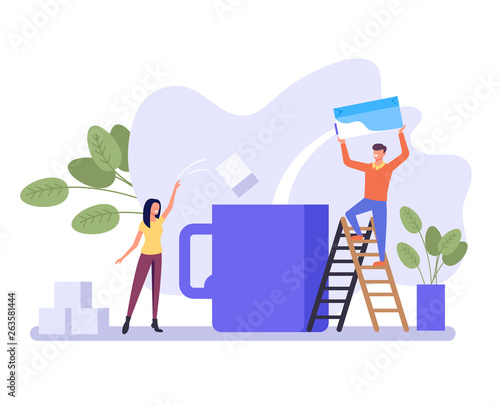 People man and woman character making fresh coffee. Good morning concept. Vector flat graphic design illustration