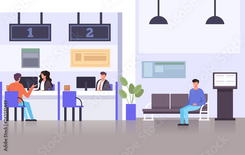 Bank specialist workers consultants characters talking with consumers people. Financial banking credit concept. Vector flat graphic design illustration 