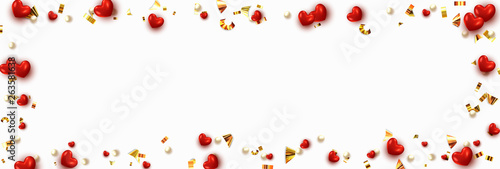 Background with red hearts and round beads strewn with golden confetti.