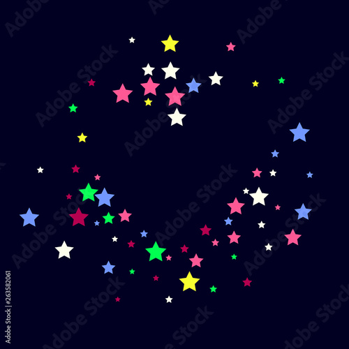 Multicolored stars on a blue background. White, pink, purple, blue and green stars.