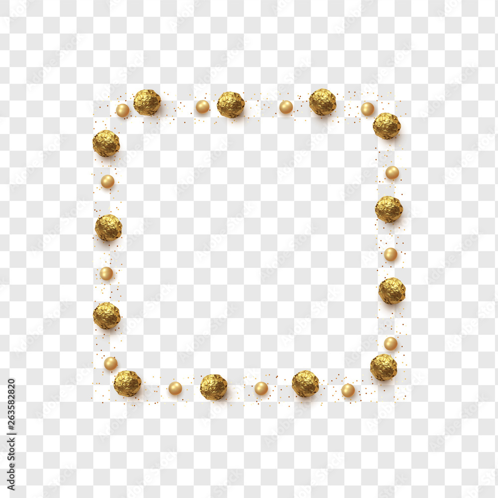 Gold round chocolates in foil, pearls and scattering of glitter isolated on transparent background Gold round chocolates in foil, pearls and scattering of glitter isolated on transparent background