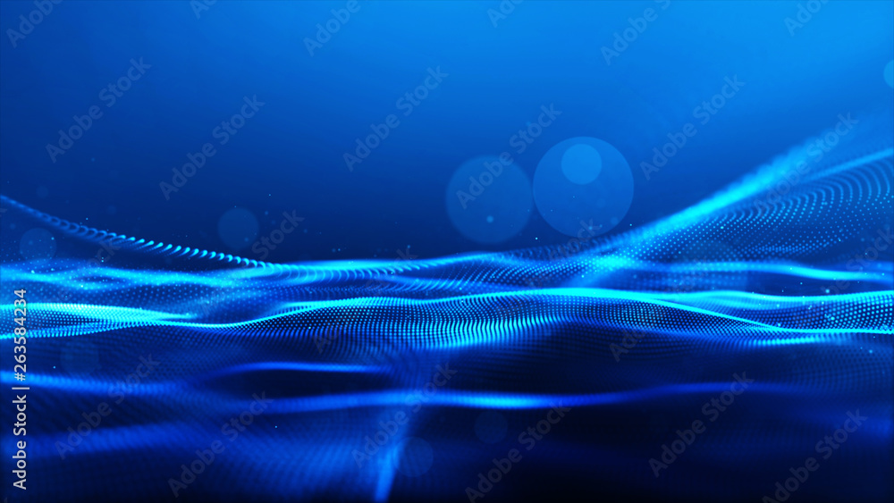 Abstract blue color digital particles wave with bokeh background Stock ...