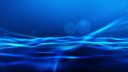 Abstract blue color digital particles wave with bokeh background