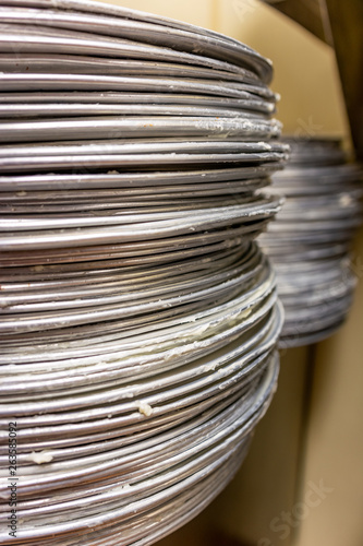 Greased pizza pans in a restaurant kitchen