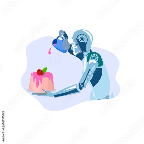 Robot Cooking Dessert Flat Vector Illustration