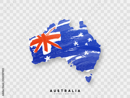 Australia detailed map with flag of country. Painted in watercolor paint colors in the national flag