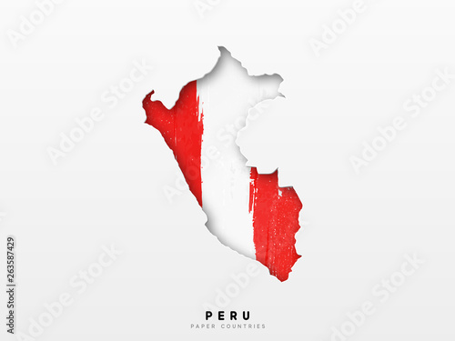 Peru detailed map with flag of country. Painted in watercolor paint colors in the national flag