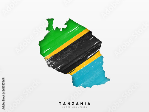 Tanzania detailed map with flag of country. Painted in watercolor paint colors in the national flag