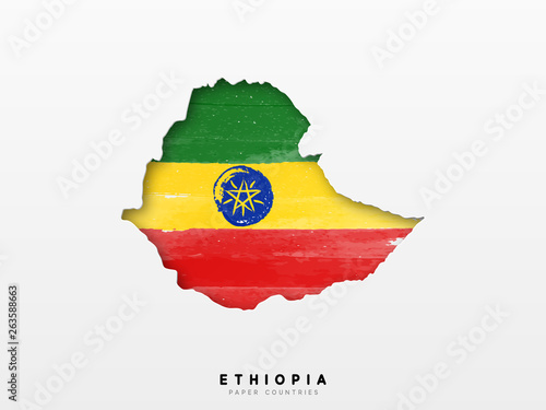 Ethiopia detailed map with flag of country. Painted in watercolor paint colors in the national flag