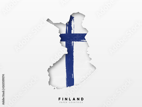 Finland detailed map with flag of country. Painted in watercolor paint colors in the national flag