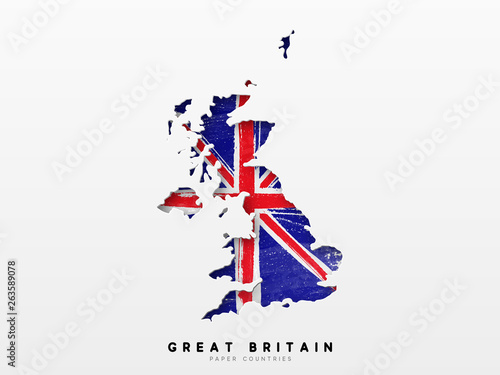 Great Britain detailed map with flag of country. Painted in watercolor paint colors in the national flag