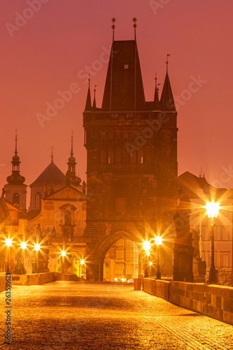 Prague's iconic Charles Bridgee at dawn