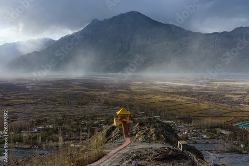 Landscape from Diskit Monastery. Diskit Monastery also known as Deskit Gompa or Diskit Gompa is the oldest and largest Buddhist monastery in the Nubra Valley of Ladakh, Kashmir, India.