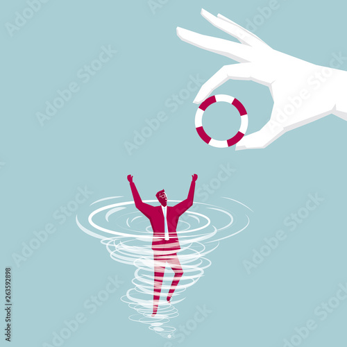 Rescue trapped businessman. Isolated on blue background.