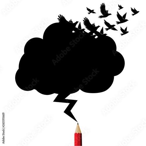 Photos Birds black cloud and lightning drawing by red pencil with education and busines
