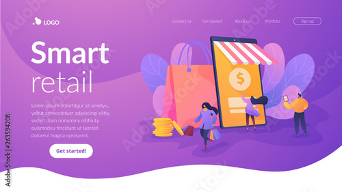 Smart retail, retail mobility solutions, IoT and smart city concept. Website homepage interface UI template. Landing web page with infographic concept hero header image.