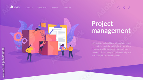 Project management, business analysis and planning, waterfall project management concept. Website homepage interface UI template. Landing web page with infographic concept hero header image.