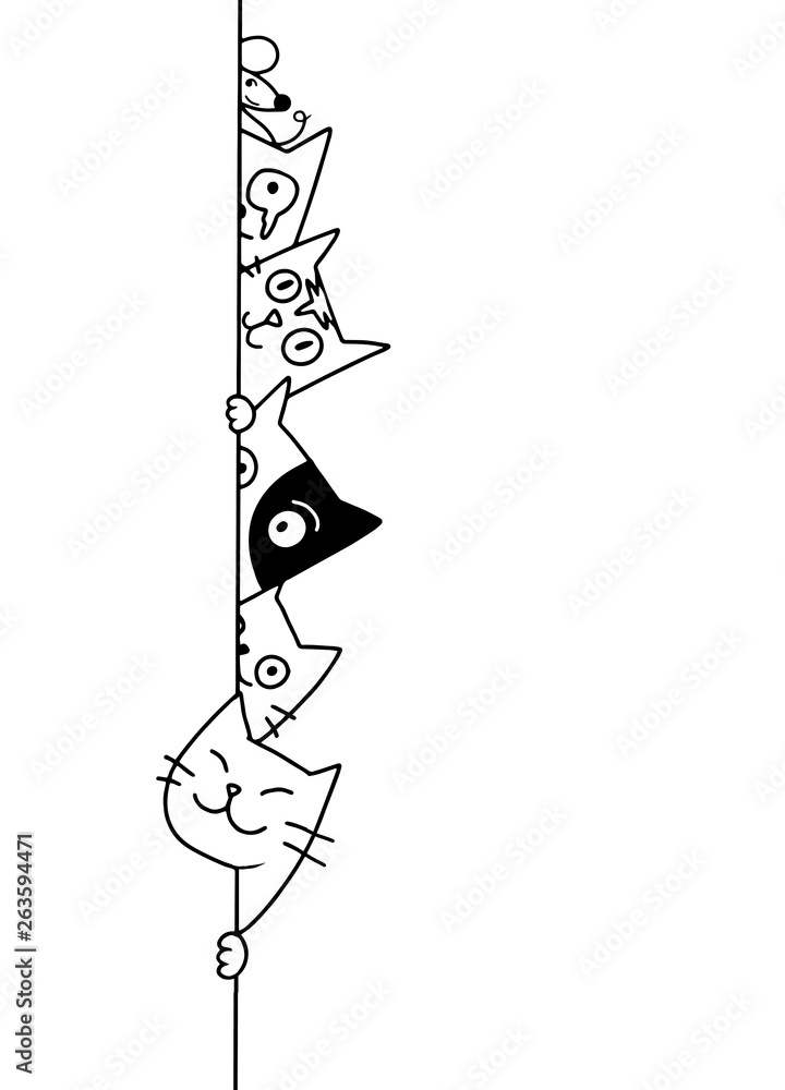 Cute doodle cats hides behind the wall , cartoon drawing Stock Vector Adobe Stock