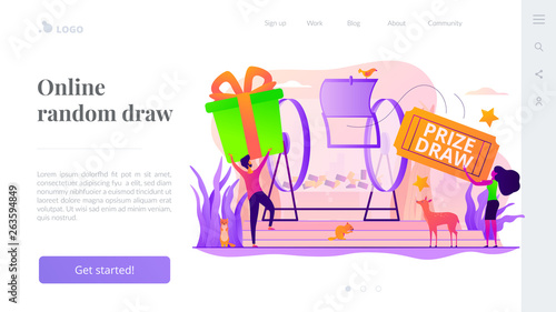 Prize draw, online random draw, promotional marketing and winning the lottery concept. Website homepage interface UI template. Landing web page with infographic concept hero header image.