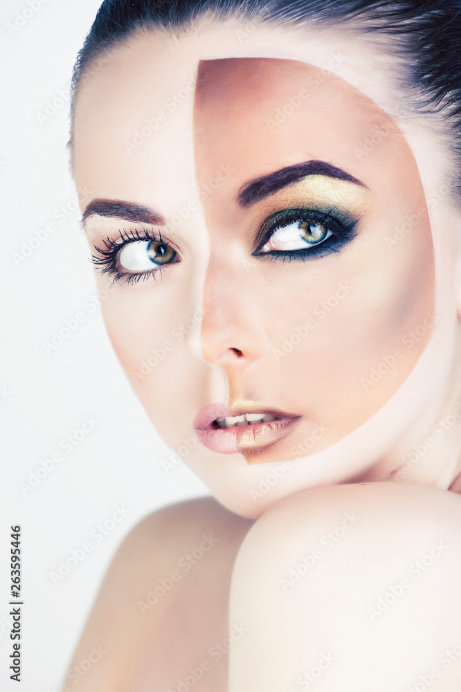half faced woman before tanning and after close up isolated on white, fashion beauty idea half faced woman before tanning and after close up isolated on white, fashion beauty idea